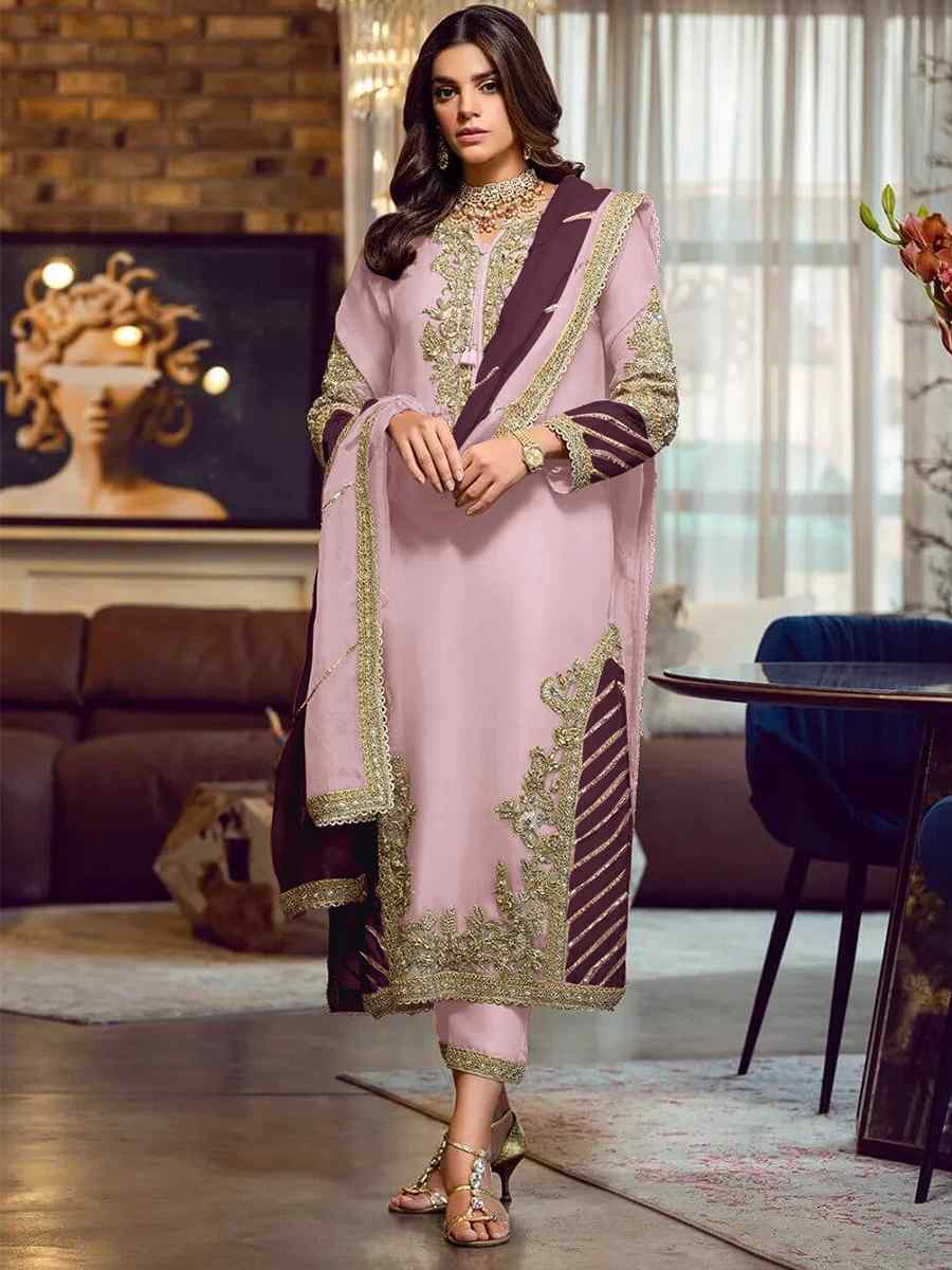 Pink Faux Georgette Embroidered Festival Wedding Pant Salwar Kameez
