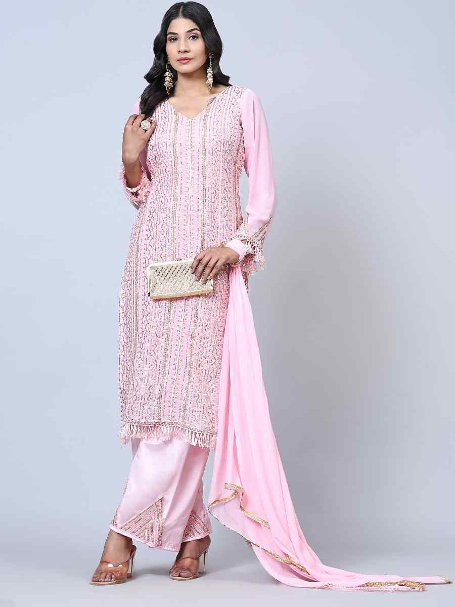 Pink Faux Georgette Embroidered Festival Wedding Pant Salwar Kameez