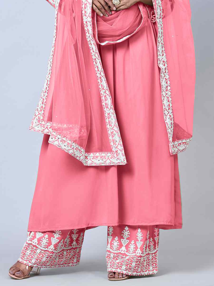 Pink Faux Georgette Embroidered Festival Wedding Pant Salwar Kameez