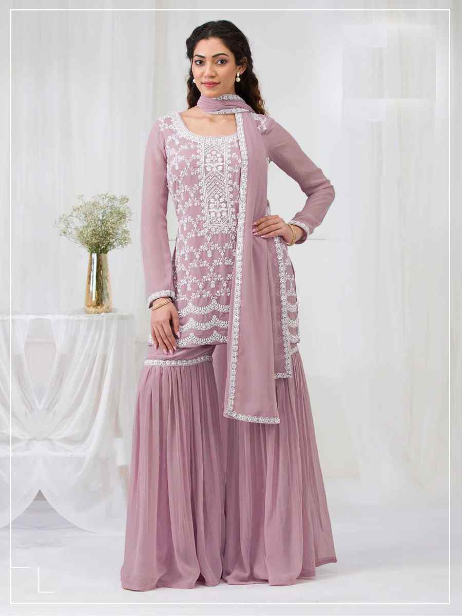 Pink Faux Georgette Embroidered Festival Wedding Sharara Pant Salwar Kameez