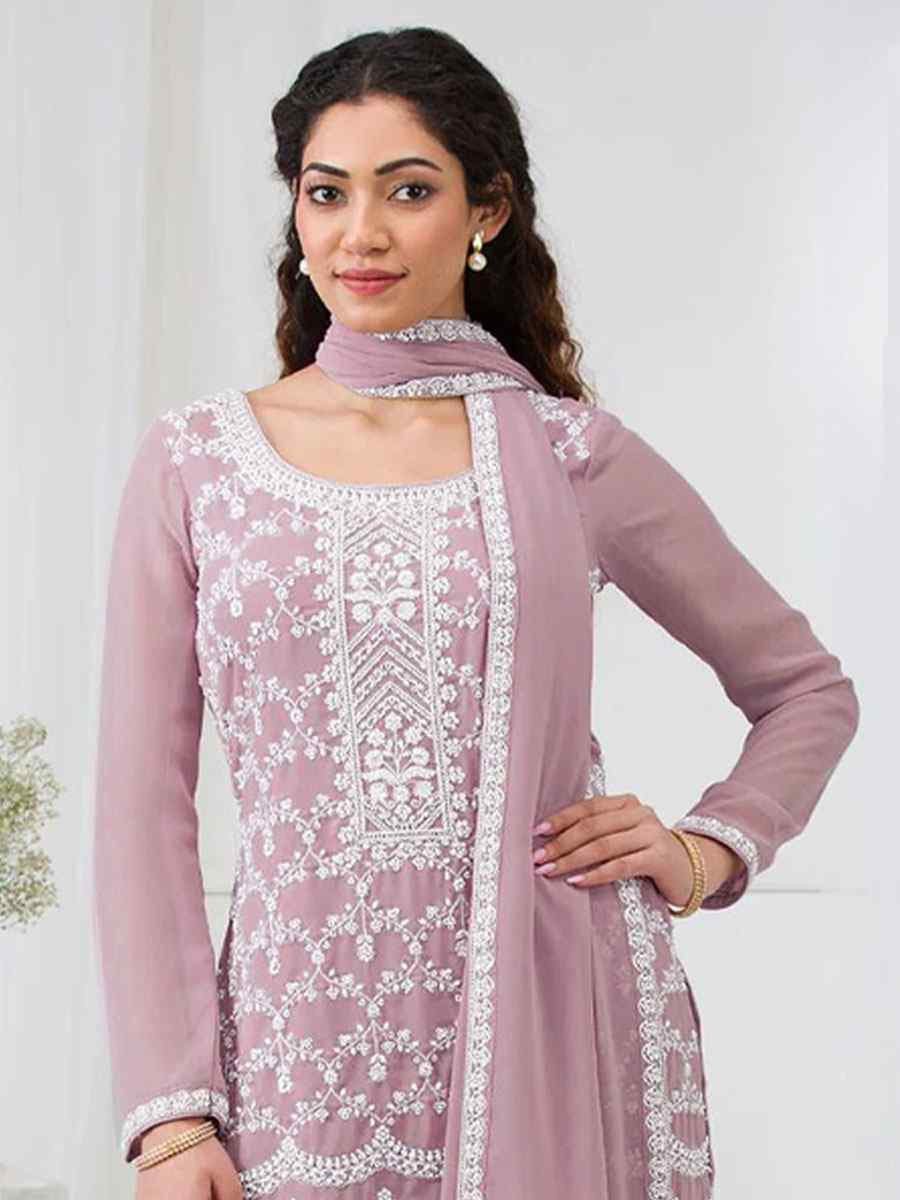 Pink Faux Georgette Embroidered Festival Wedding Sharara Pant Salwar Kameez