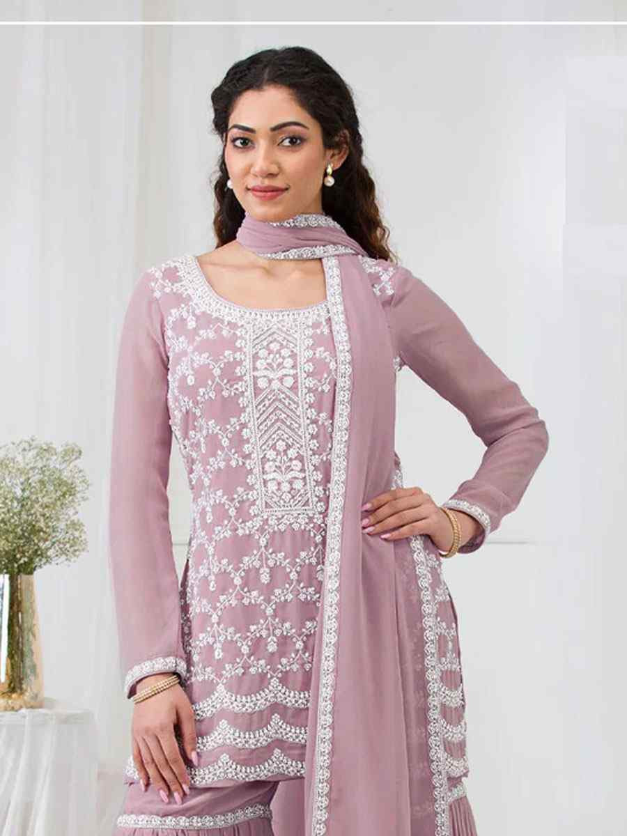 Pink Faux Georgette Embroidered Festival Wedding Sharara Pant Salwar Kameez