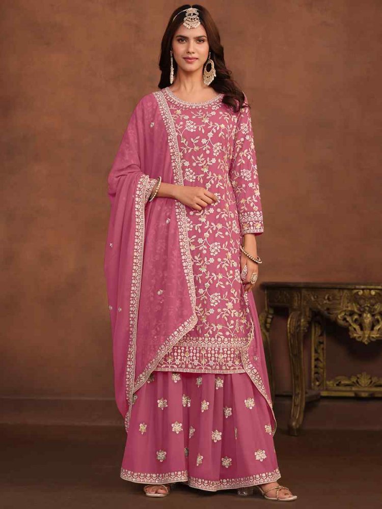 Pink Faux Georgette Embroidered Festival Wedding Sharara Pant Salwar Kameez