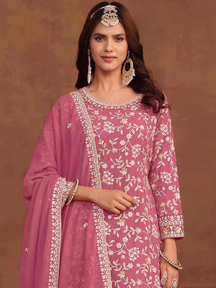 Pink Faux Georgette Embroidered Festival Wedding Sharara Pant Salwar Kameez