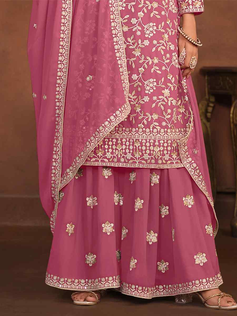 Pink Faux Georgette Embroidered Festival Wedding Sharara Pant Salwar Kameez