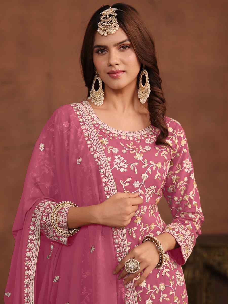 Pink Faux Georgette Embroidered Festival Wedding Sharara Pant Salwar Kameez