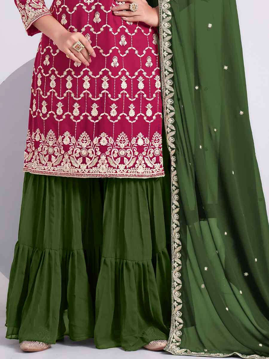 Pink Faux Georgette Embroidered Festival Wedding Sharara Pant Salwar Kameez