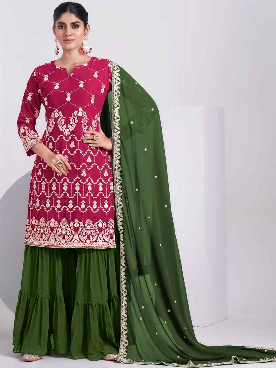 Pink Faux Georgette Embroidered Festival Wedding Sharara Pant Salwar Kameez