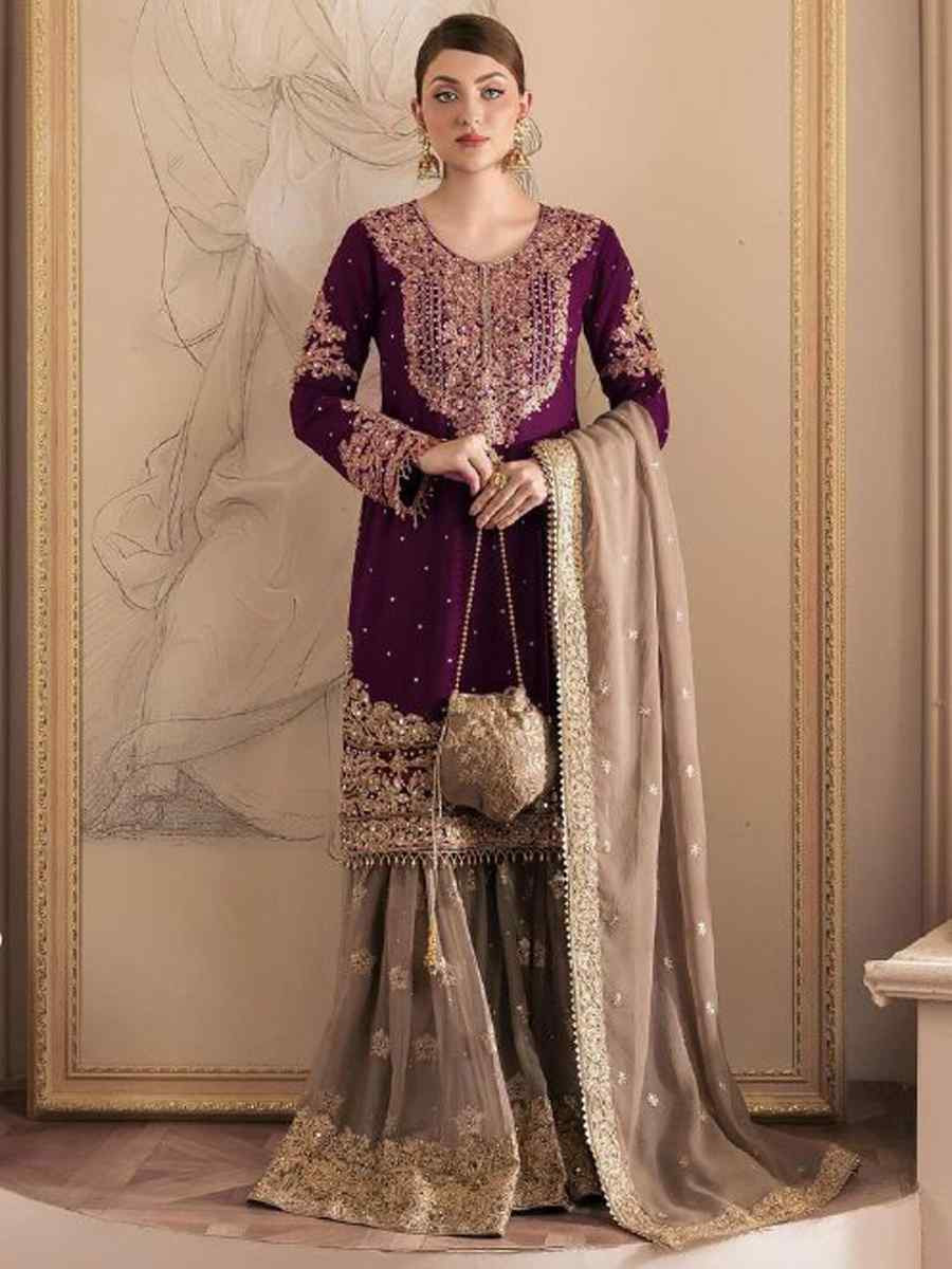 Pink Faux Georgette Embroidered Festival Wedding Sharara Pant Salwar Kameez