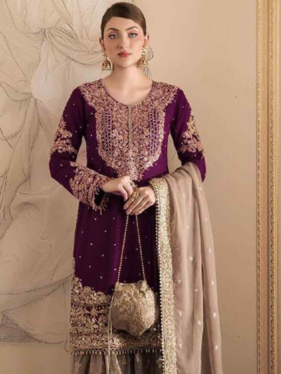 Pink Faux Georgette Embroidered Festival Wedding Sharara Pant Salwar Kameez