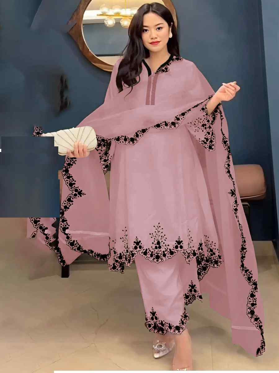 Pink Faux Georgette Embroidered Party Casual Ready Palazzo Pant Salwar Kameez