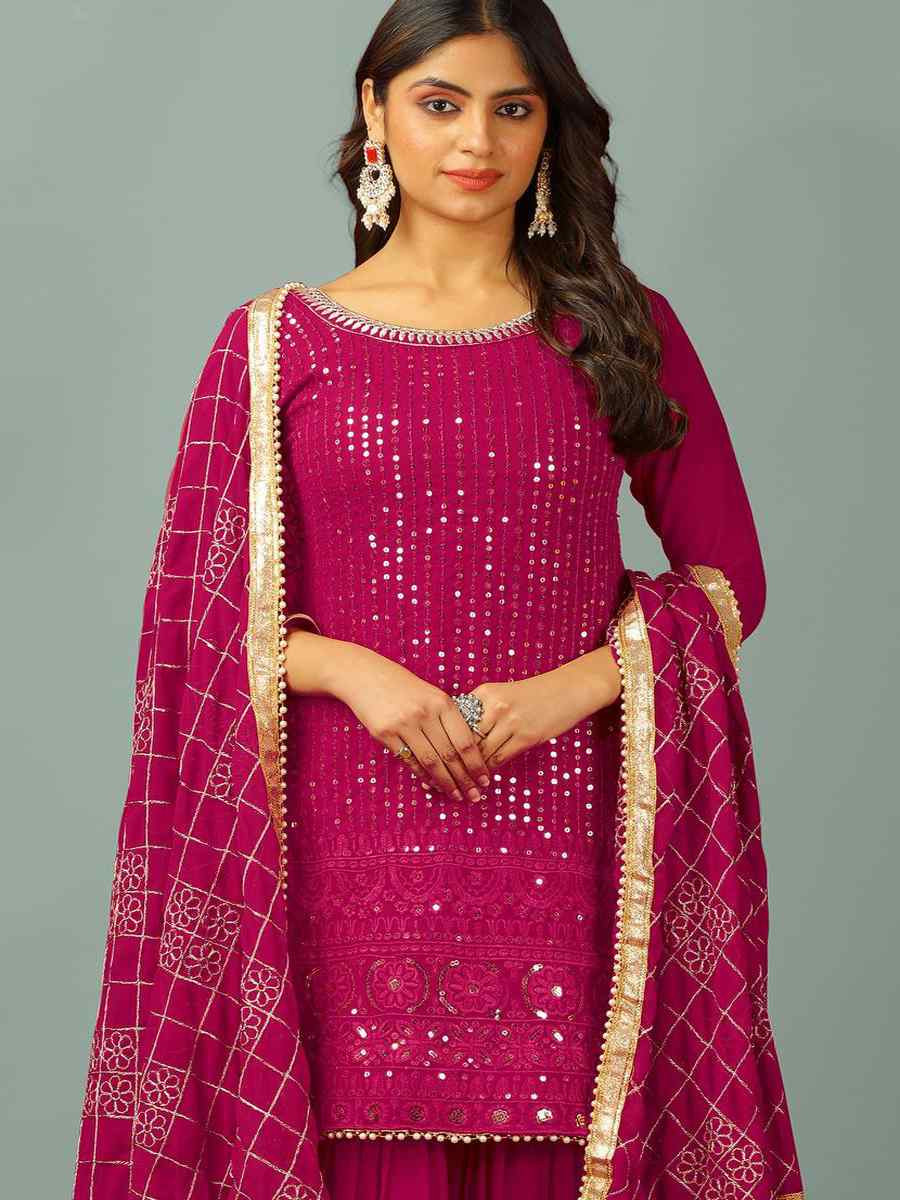 Pink Faux Georgette Embroidered Party Wedding Ready Sharara Pant Salwar Kameez