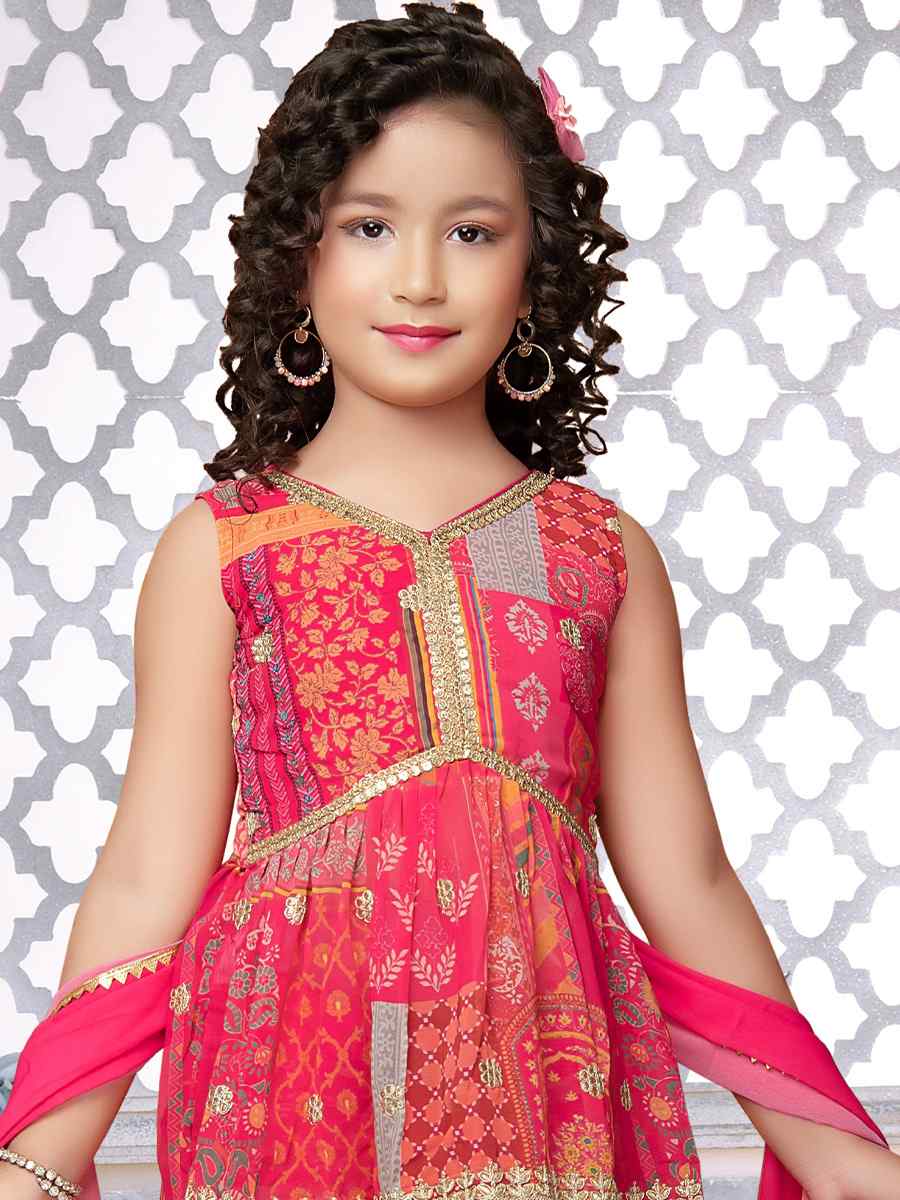 Pink Faux Georgette Embroidered Traditional Festival Kurta Sharara Girls Wear