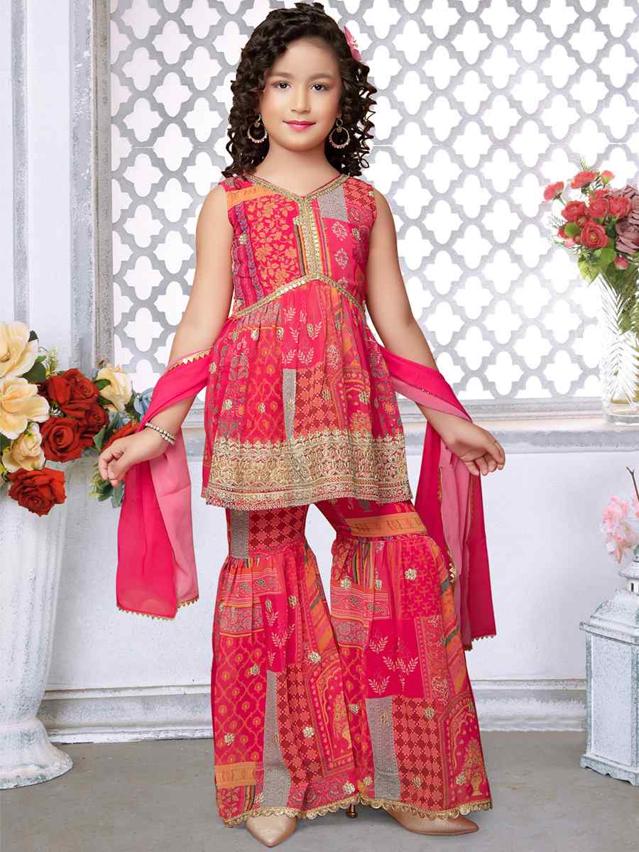 Pink Faux Georgette Embroidered Traditional Festival Kurta Sharara Girls Wear