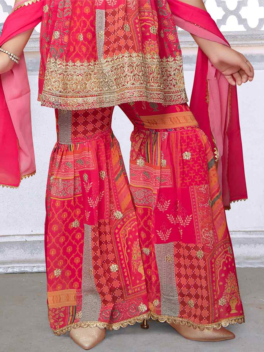 Pink Faux Georgette Embroidered Traditional Festival Kurta Sharara Girls Wear