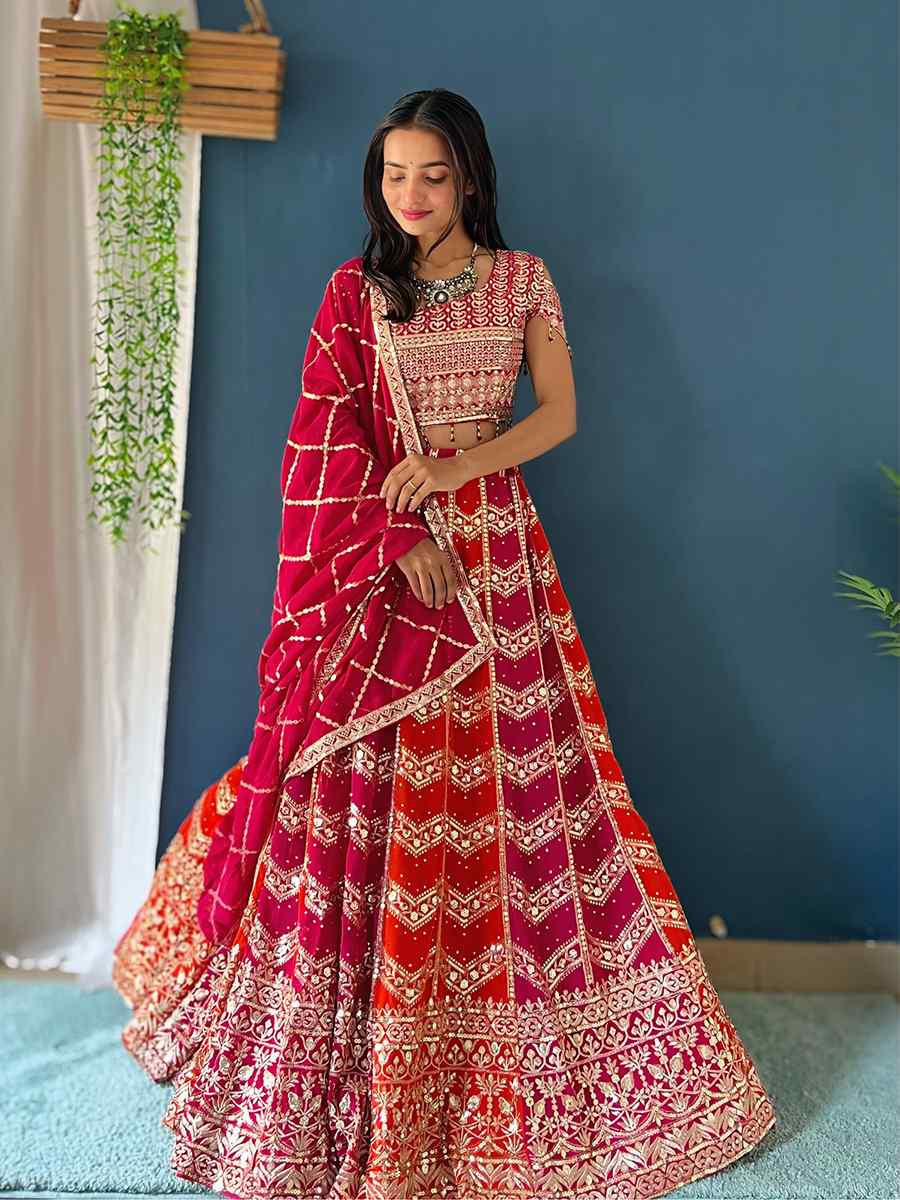 Pink Faux Georgette Embroidered Wedding Festival Heavy Border Lehenga Choli