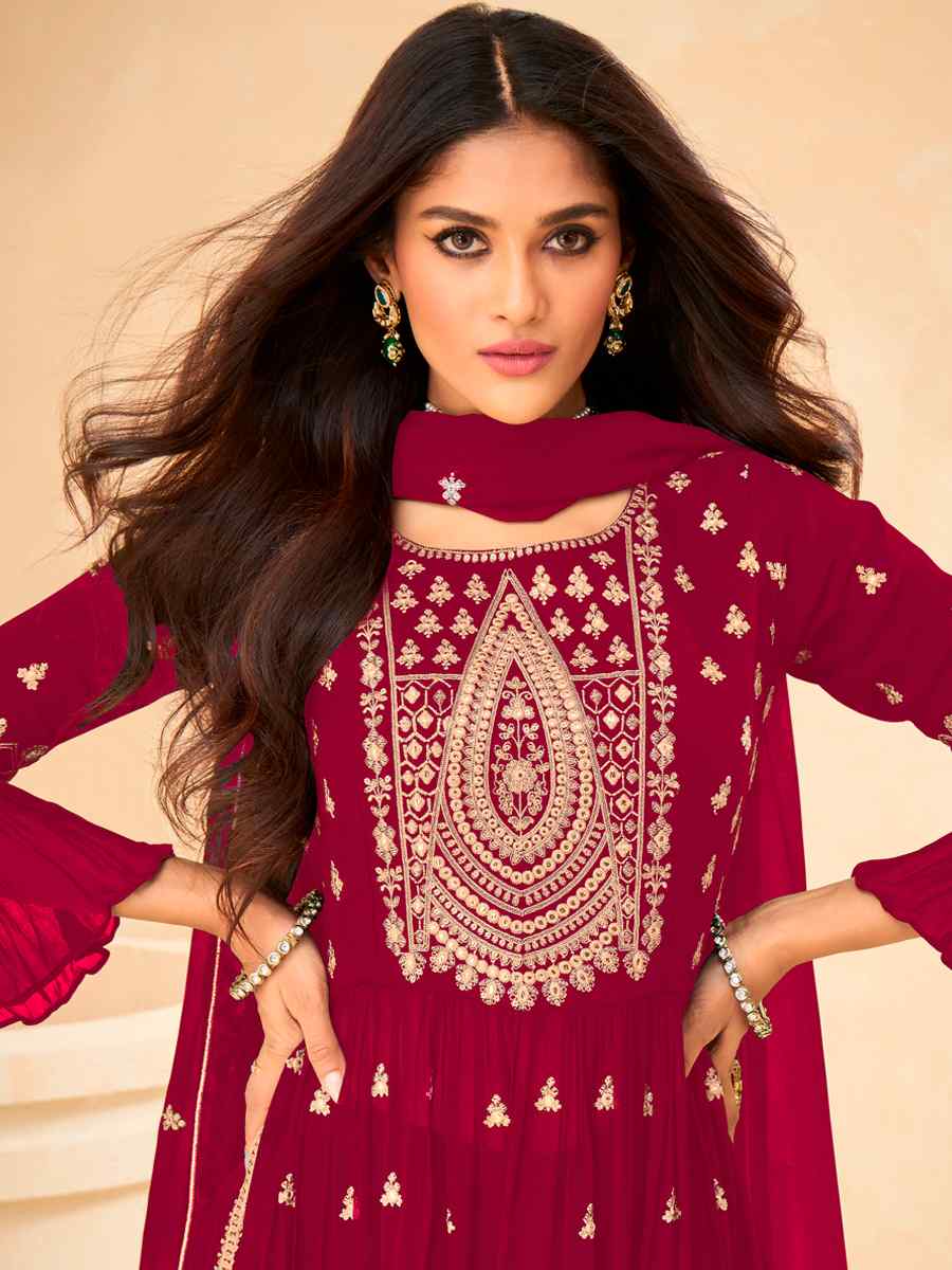 Pink Faux Georgette Embroidered Wedding Festival Lawn Palazzo Pant Salwar Kameez