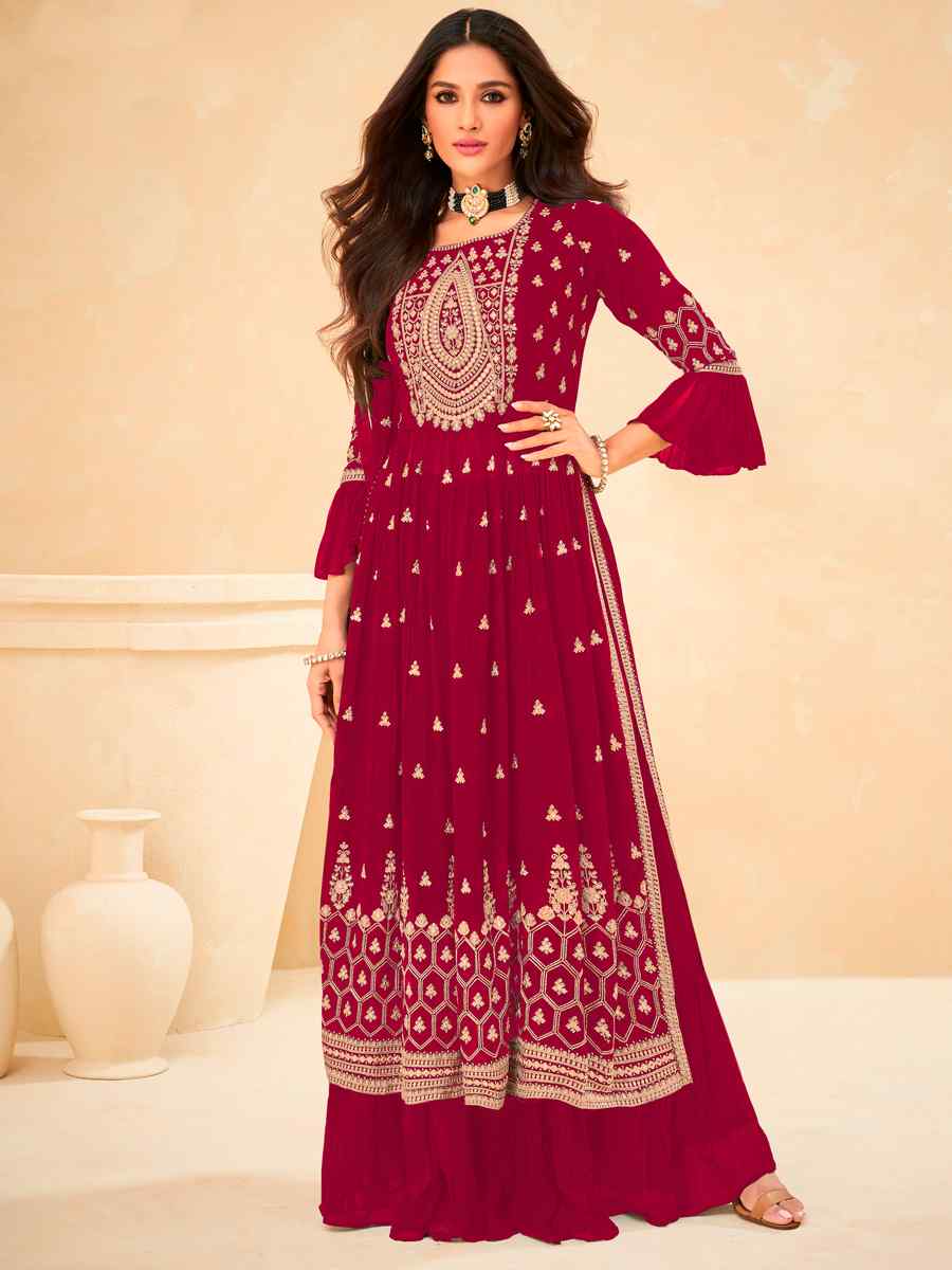 Pink Faux Georgette Embroidered Wedding Festival Lawn Palazzo Pant Salwar Kameez