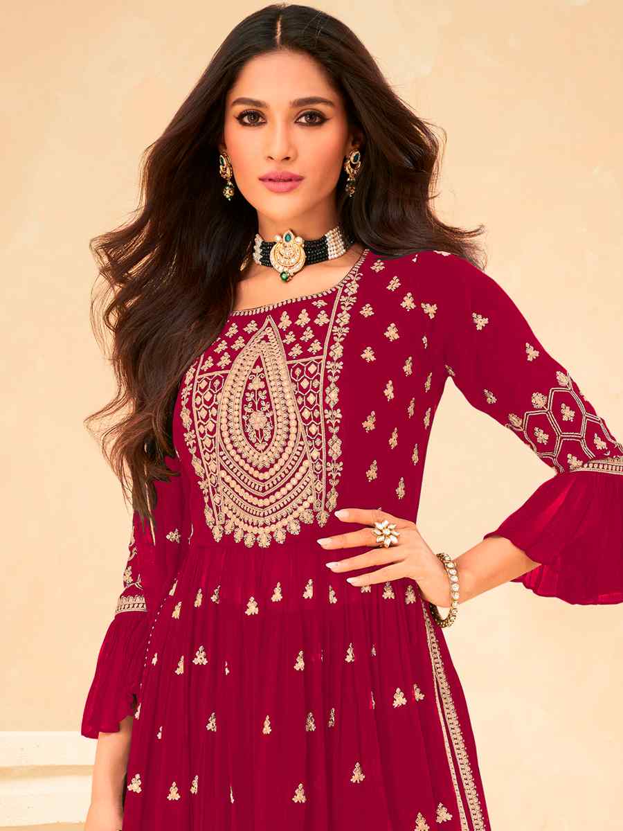 Pink Faux Georgette Embroidered Wedding Festival Lawn Palazzo Pant Salwar Kameez