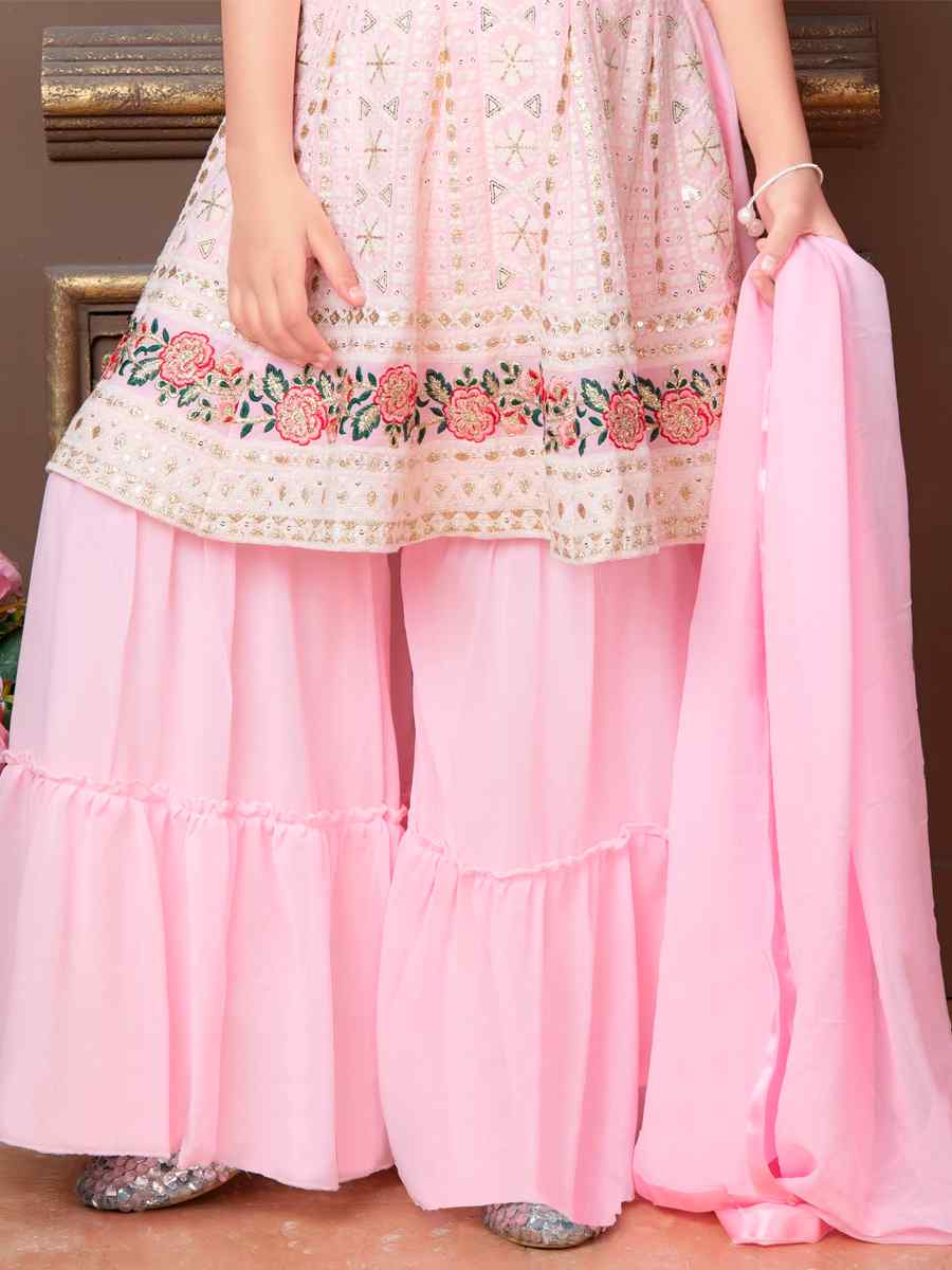 Pink Faux Georgette Embroidered Wedding Festival Salwars Girls Wear