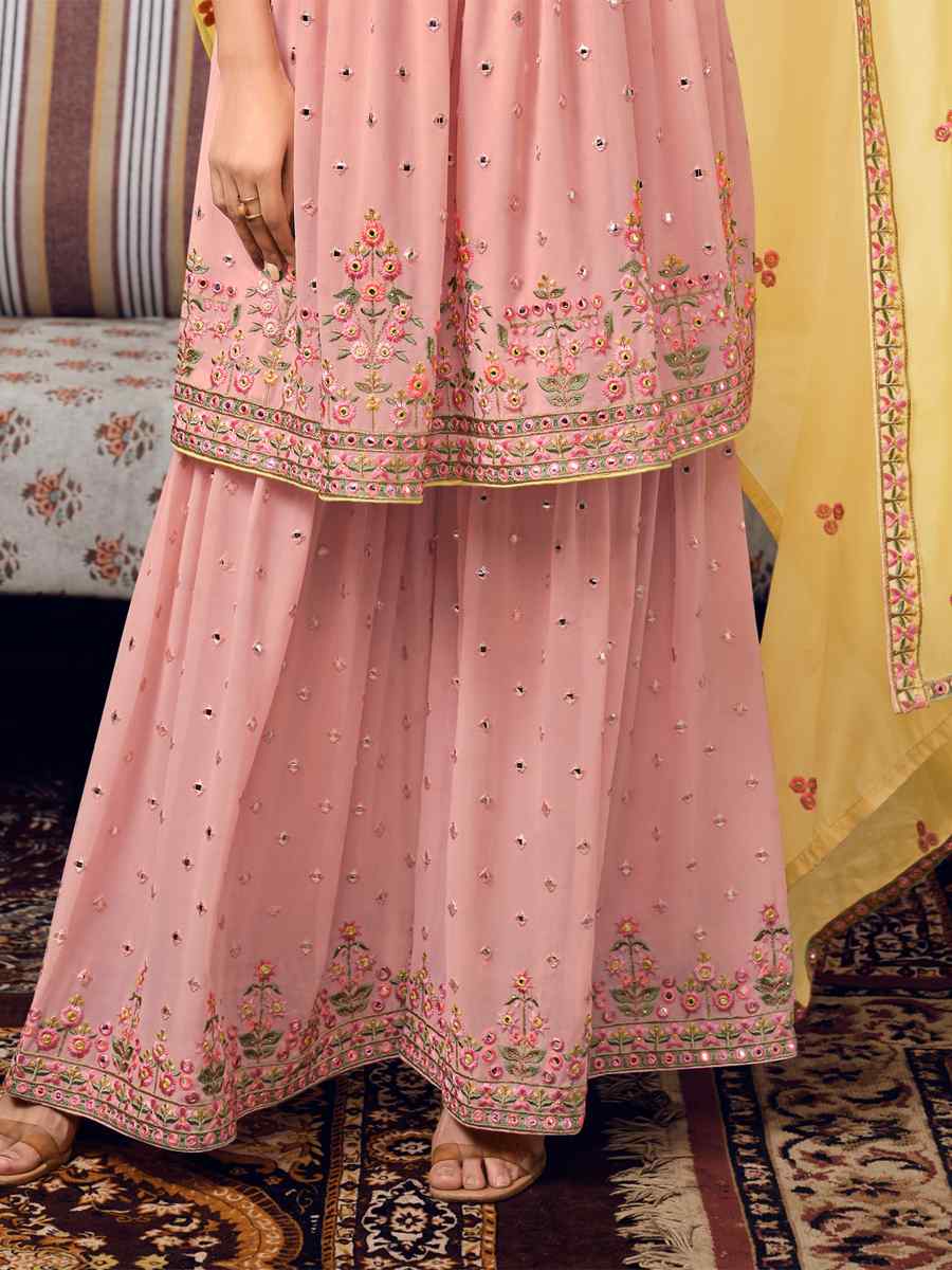Pink Faux Georgette Embroidered Wedding Mehendi Palazzo Pant Salwar Kameez
