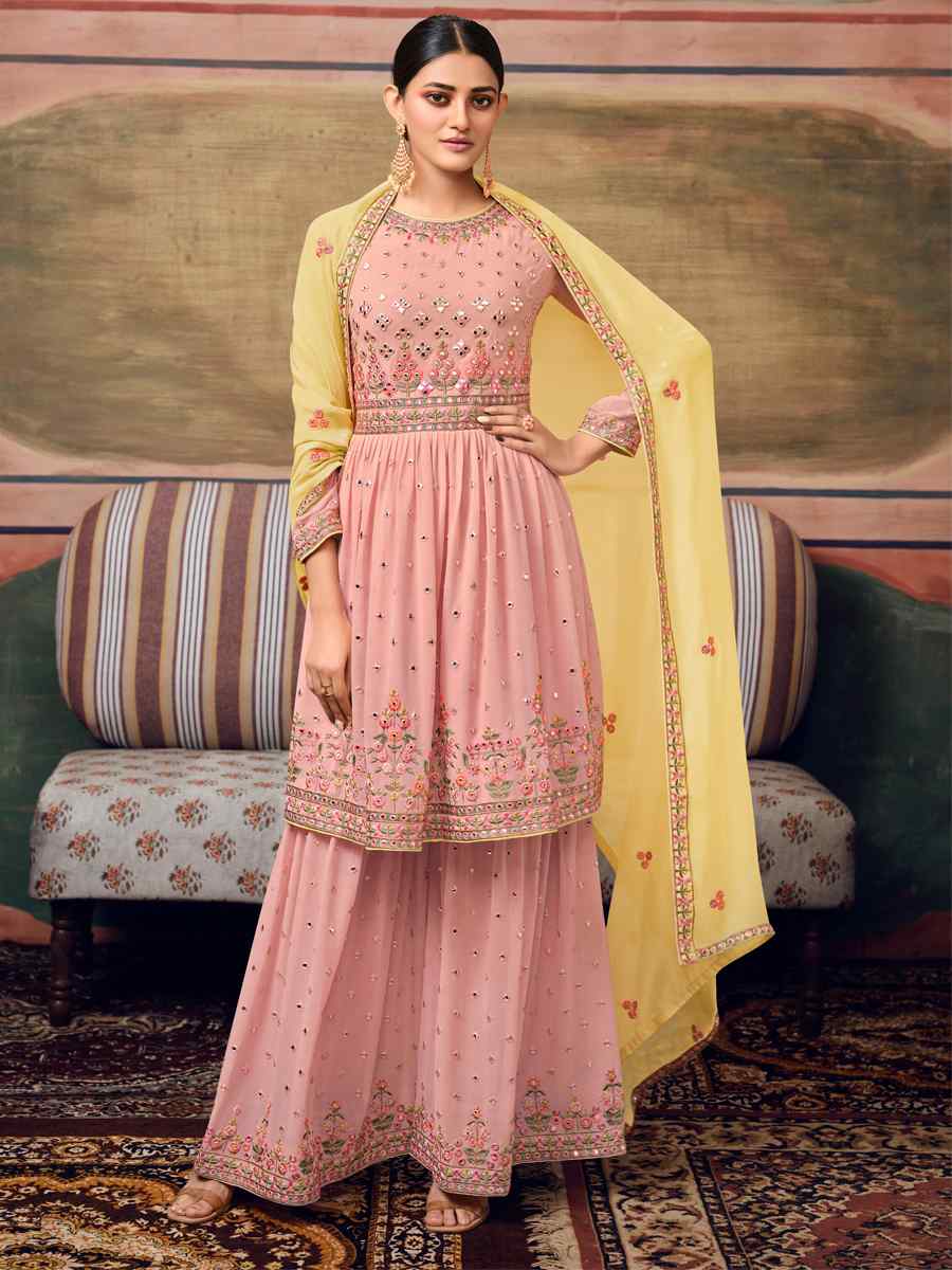 Pink Faux Georgette Embroidered Wedding Mehendi Palazzo Pant Salwar Kameez