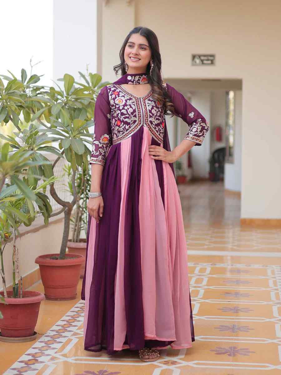 Pink Faux Georgette Embroidered Women Wear Festival Casual Wedding Gown