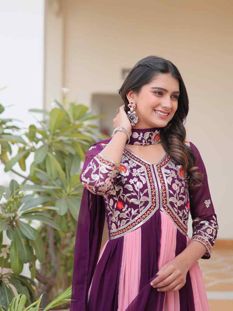 Pink Faux Georgette Embroidered Women Wear Festival Casual Wedding Gown