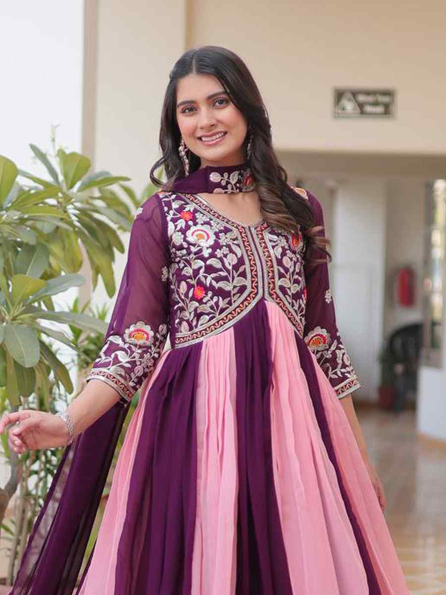 Pink Faux Georgette Embroidered Women Wear Festival Casual Wedding Gown