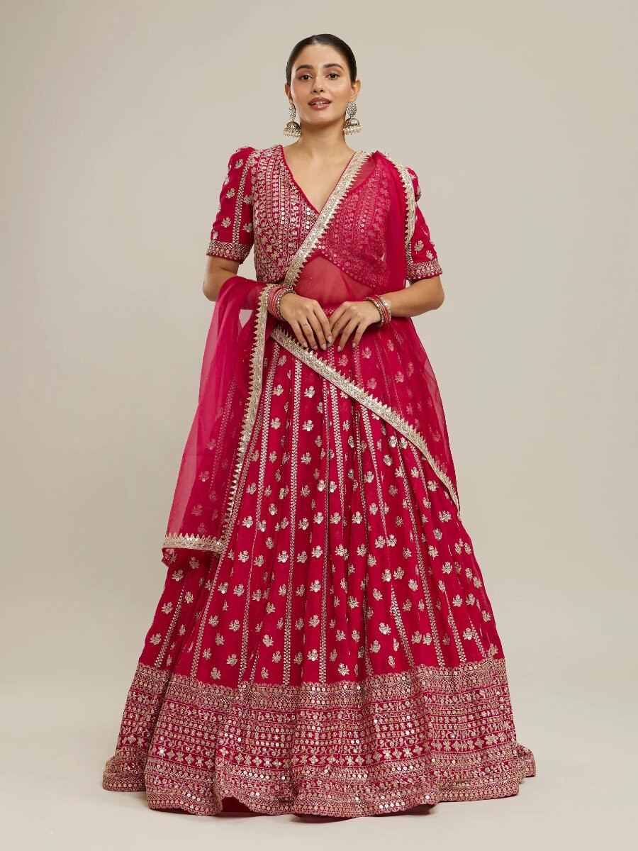 Pink Faux Georgette Embroidery Sequins Zari Wedding Party Festival Heavy Border Lehenga Choli