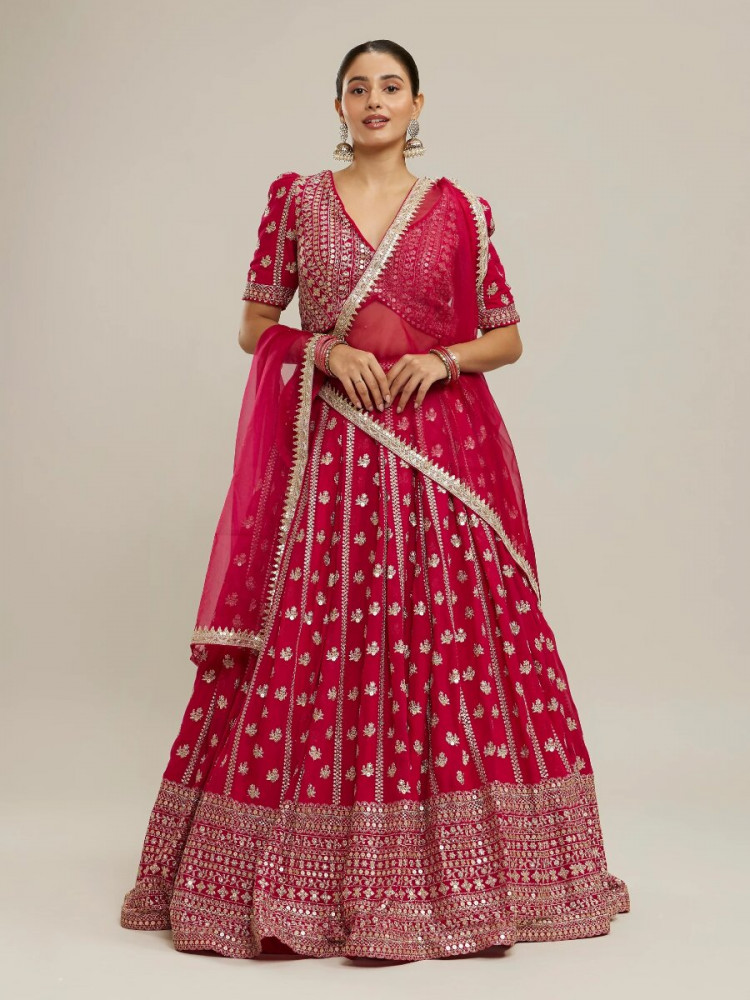 Image of Pink Faux Georgette Embroidery Sequins Zari Wedding Party Festival Heavy Border Lehenga Choli