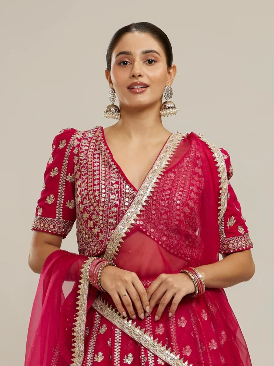 Pink Faux Georgette Embroidery Sequins Zari Wedding Party Festival Heavy Border Lehenga Choli