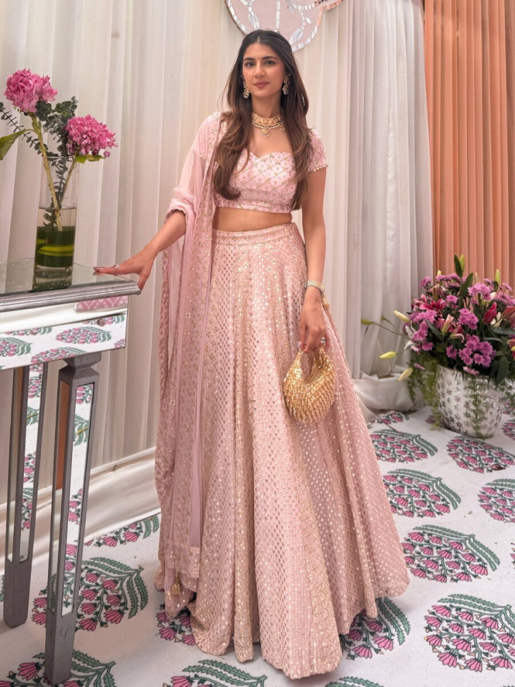 Image of Pink Faux georgette Embroidery Sequins Zari Wedding Reception Party Festival Heavy Border Lehenga Choli