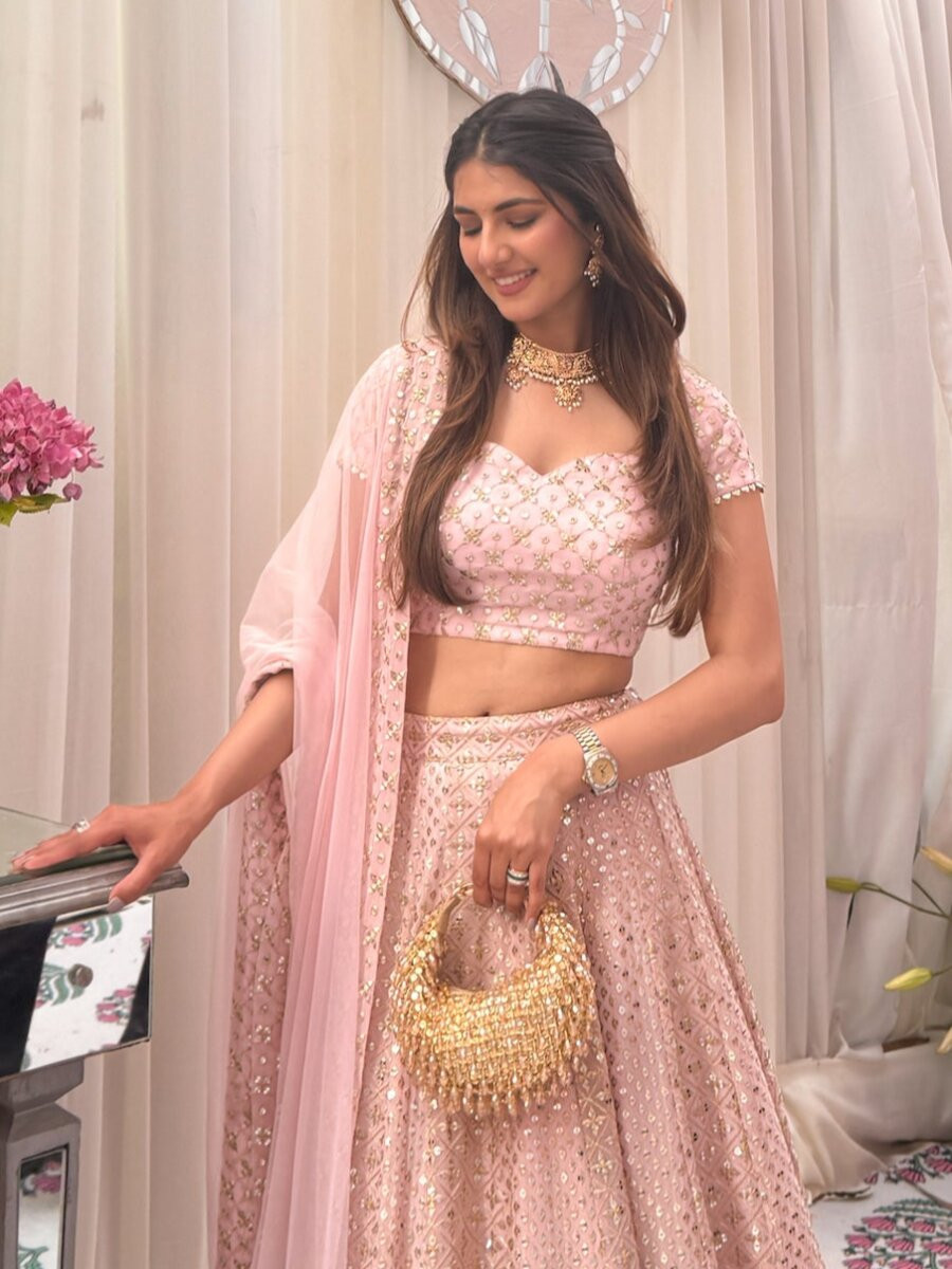 Pink Faux georgette Embroidery Sequins Zari Wedding Reception Party Festival Heavy Border Lehenga Choli