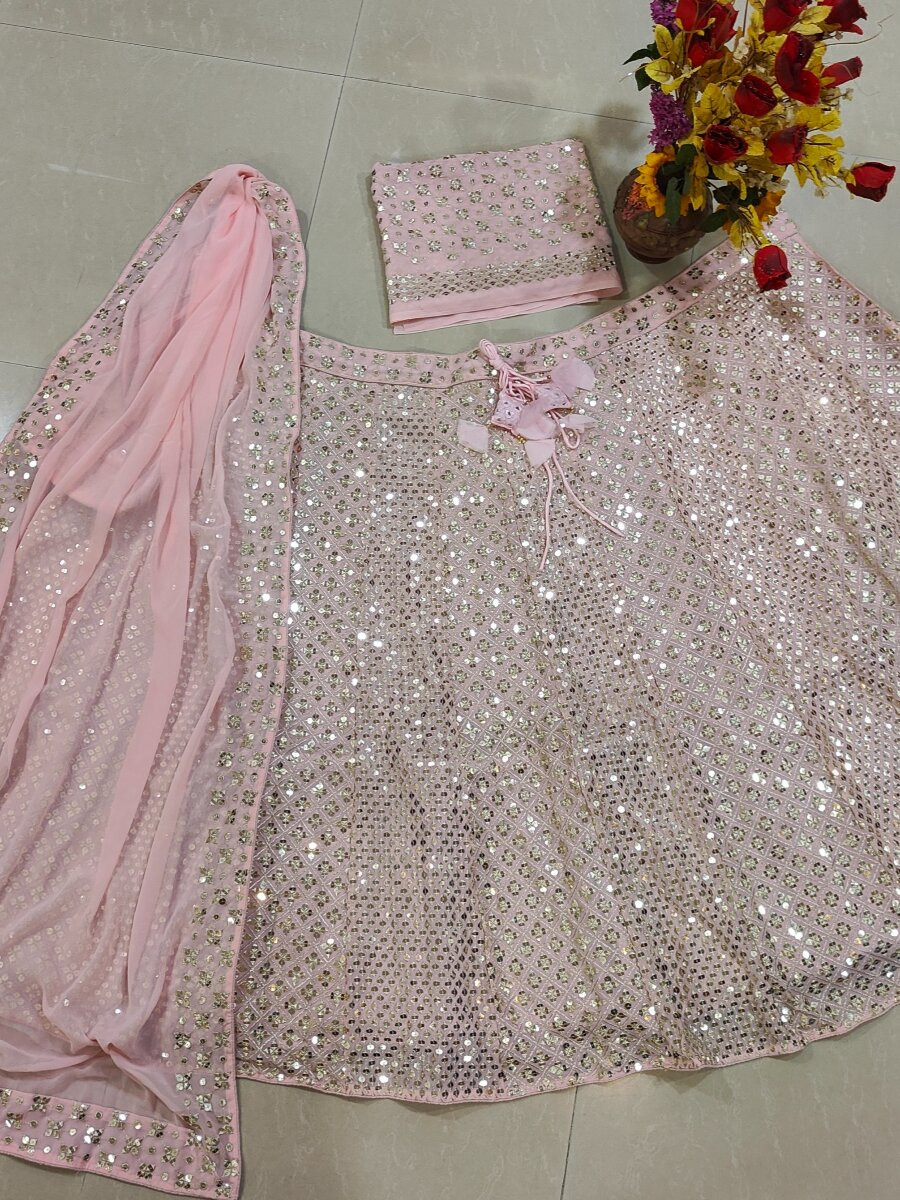 Pink Faux georgette Embroidery Sequins Zari Wedding Reception Party Festival Heavy Border Lehenga Choli