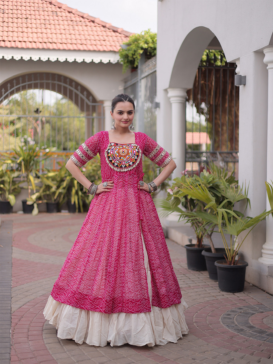 Pink Faux Georgette Embroidery Stone Work Bandhani Printed Wedding Reception Festival Party Wear Kora Cotton Kurti Lehenga Choli