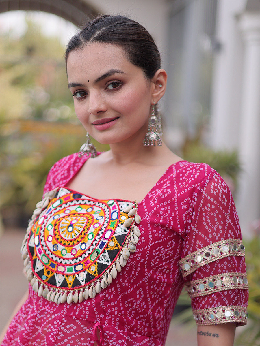 Pink Faux Georgette Embroidery Stone Work Bandhani Printed Wedding Reception Festival Party Wear Kora Cotton Kurti Lehenga Choli