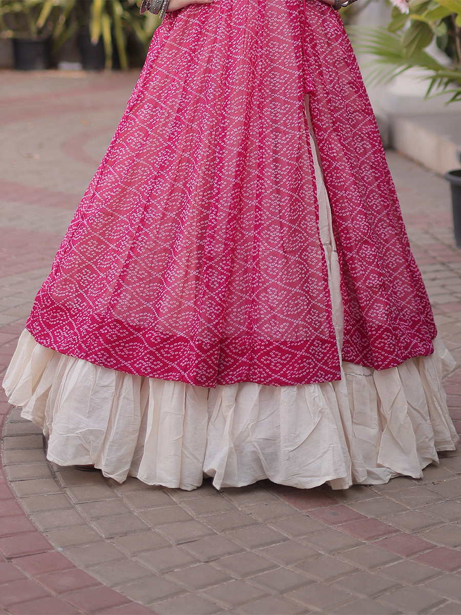 Pink Faux Georgette Embroidery Stone Work Bandhani Printed Wedding Reception Festival Party Wear Kora Cotton Kurti Lehenga Choli