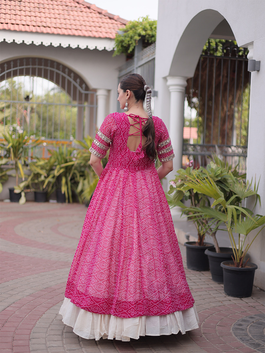 Pink Faux Georgette Embroidery Stone Work Bandhani Printed Wedding Reception Festival Party Wear Kora Cotton Kurti Lehenga Choli