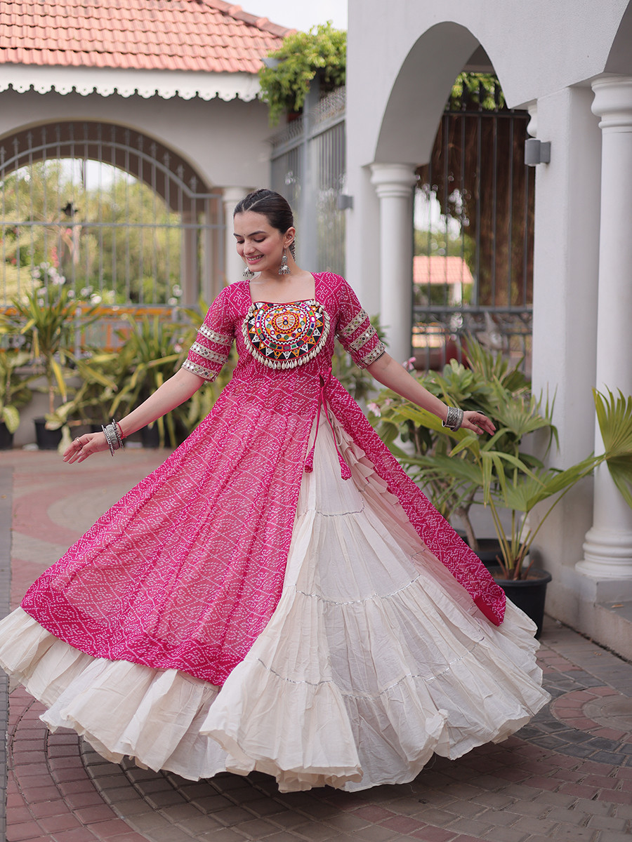 Pink Faux Georgette Embroidery Stone Work Bandhani Printed Wedding Reception Festival Party Wear Kora Cotton Kurti Lehenga Choli