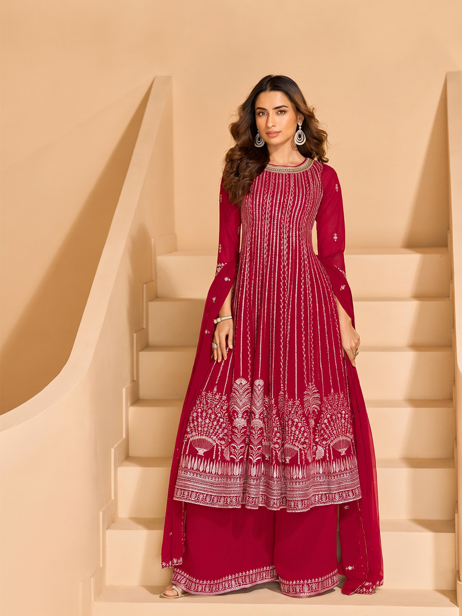 Pink Faux Georgette Embroidery Zari Sequins Wedding Party Festival Casual Ready Palazzo Pant Salwar Kameez