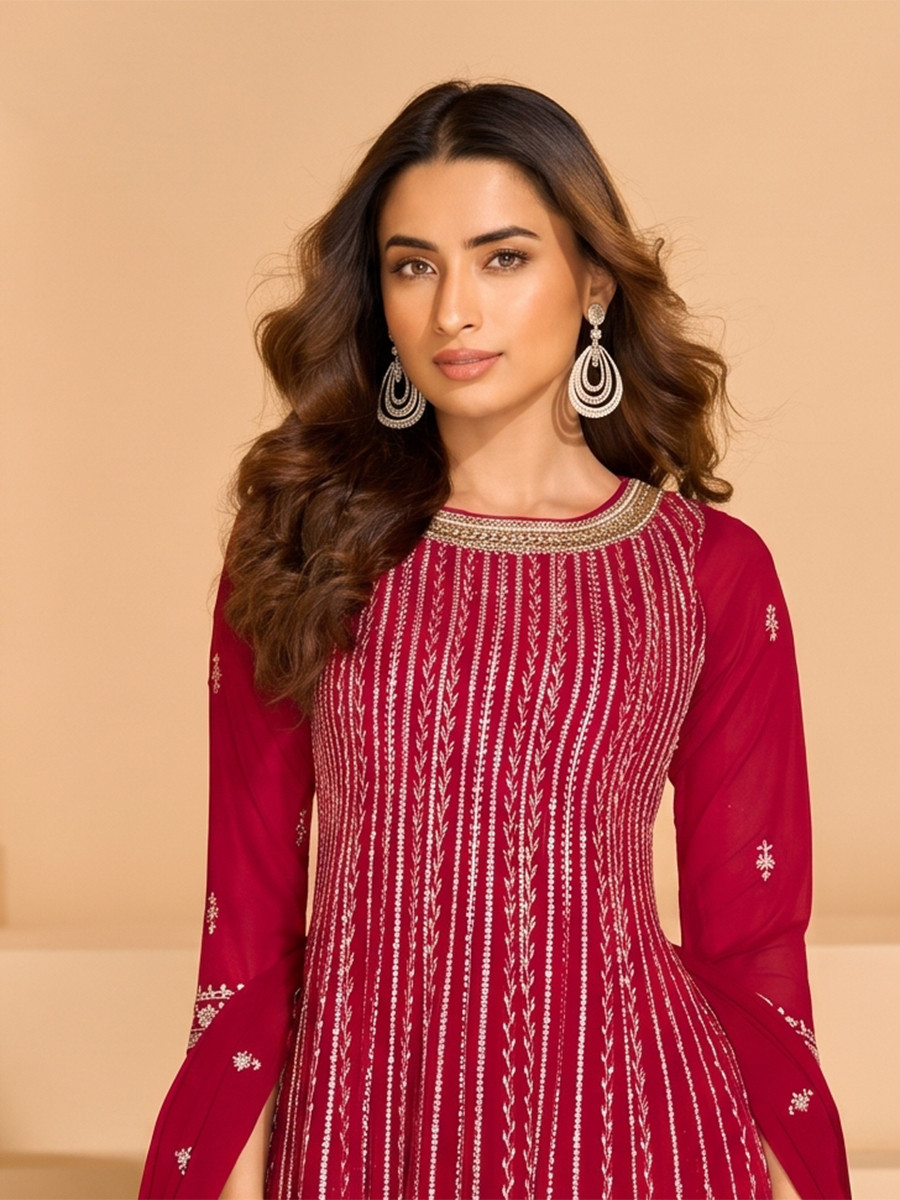 Pink Faux Georgette Embroidery Zari Sequins Wedding Party Festival Casual Ready Palazzo Pant Salwar Kameez