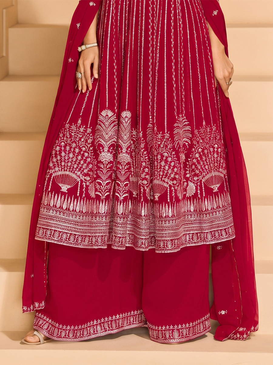 Pink Faux Georgette Embroidery Zari Sequins Wedding Party Festival Casual Ready Palazzo Pant Salwar Kameez