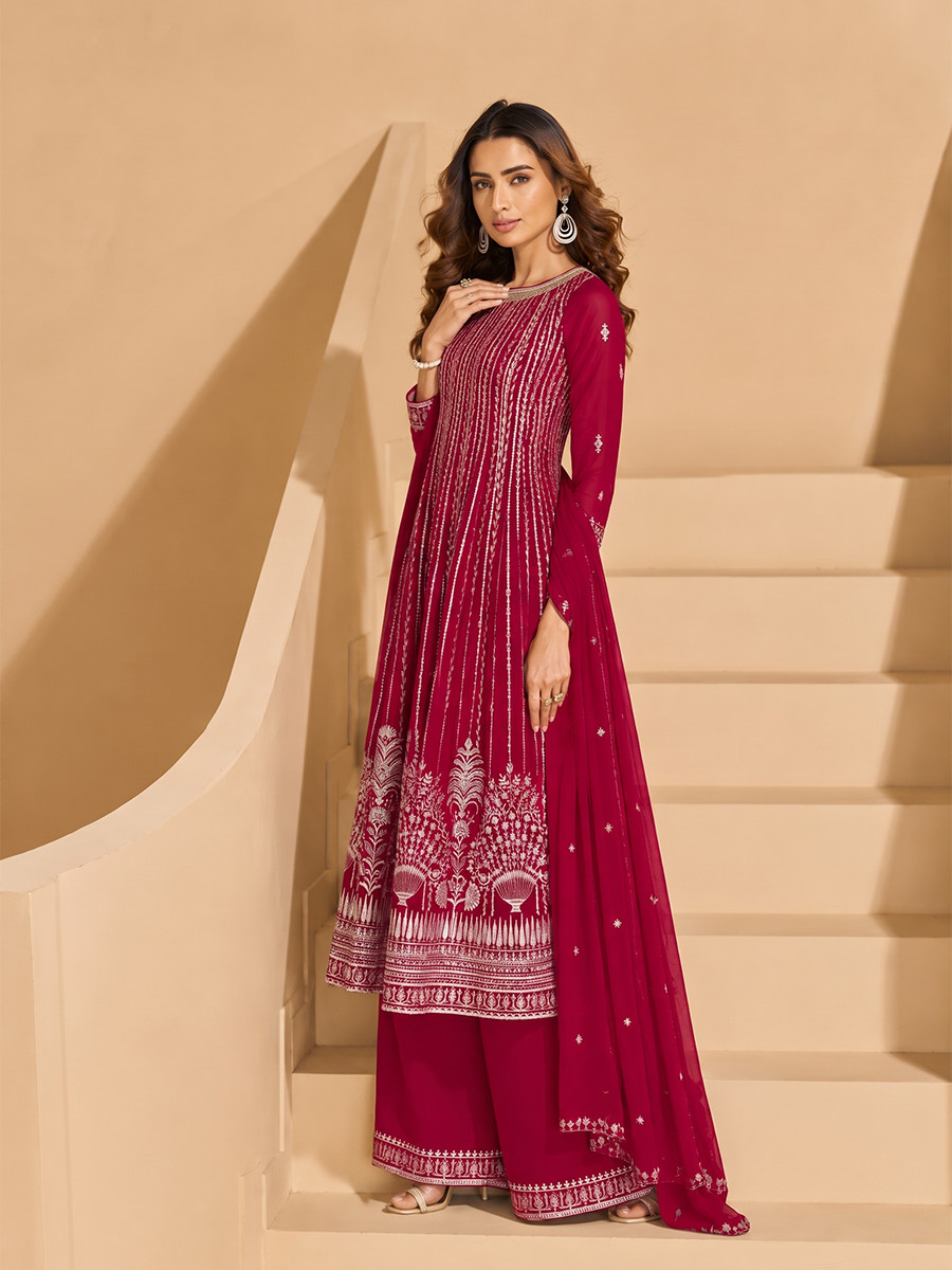 Pink Faux Georgette Embroidery Zari Sequins Wedding Party Festival Casual Ready Palazzo Pant Salwar Kameez