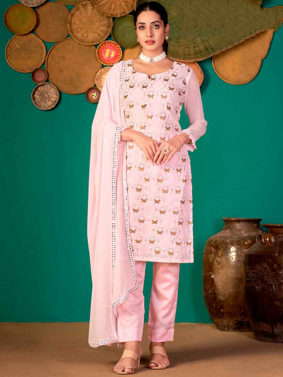 Pink Faux Georgette Handwoven Festival Pant Salwar Kameez