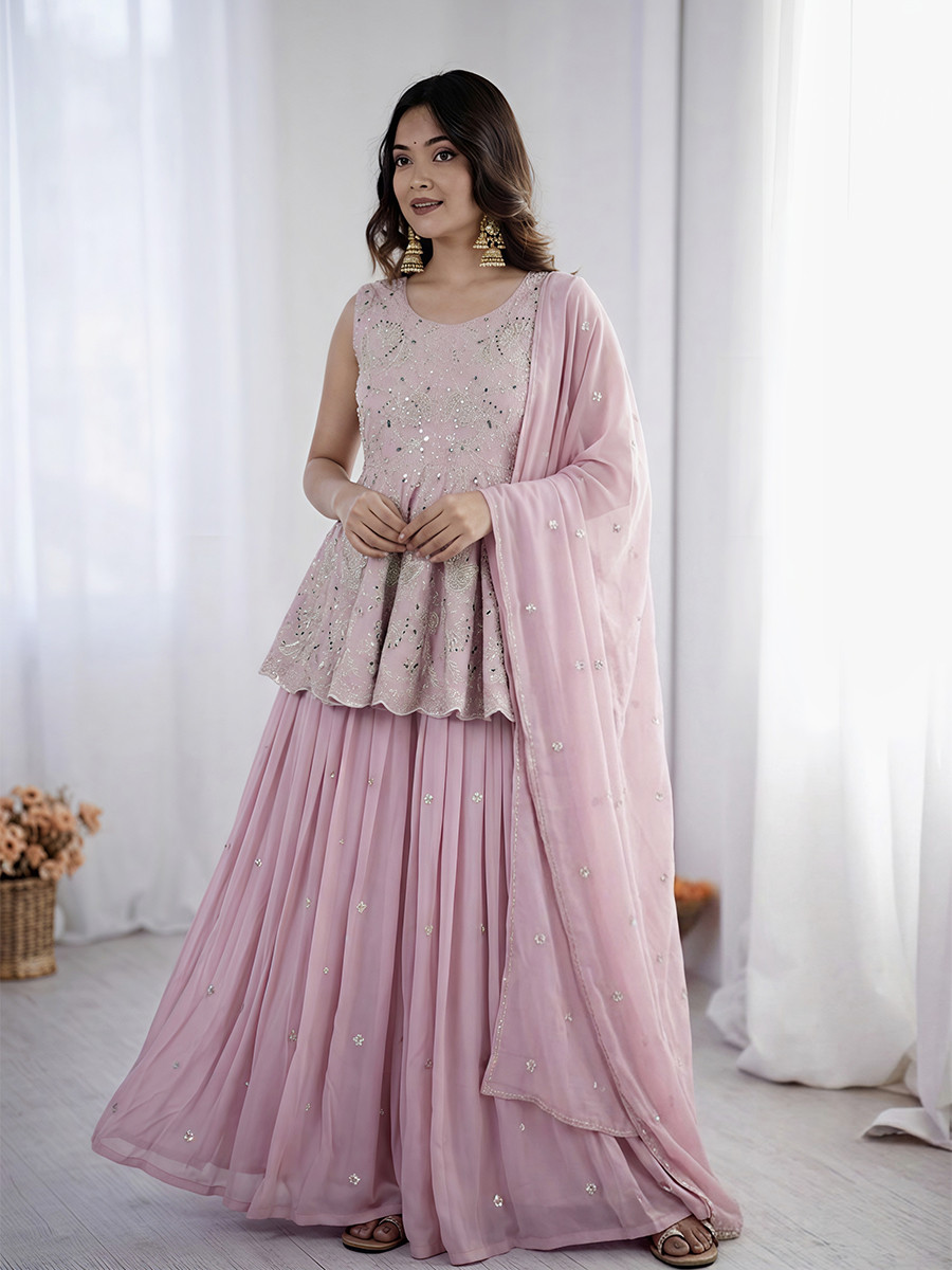 Pink Faux Georgette Silk Embroidery Party Wedding Festival Casual Ready Kurti Lehenga Choli