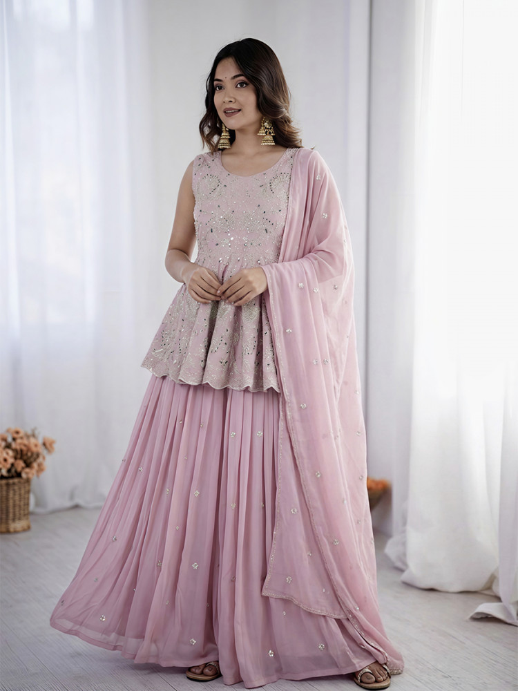 Image of Pink Faux Georgette Silk Embroidery Party Wedding Festival Casual Ready Kurti Lehenga Choli