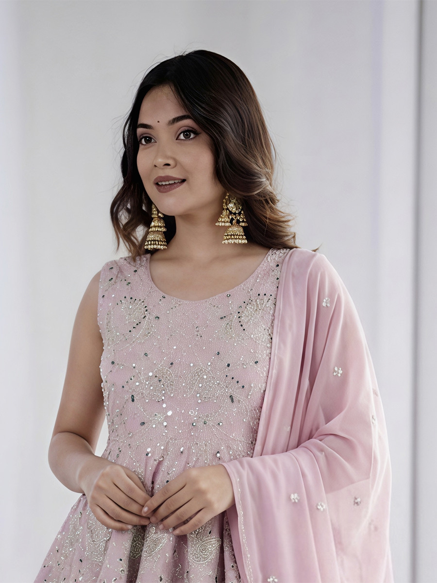 Pink Faux Georgette Silk Embroidery Party Wedding Festival Casual Ready Kurti Lehenga Choli