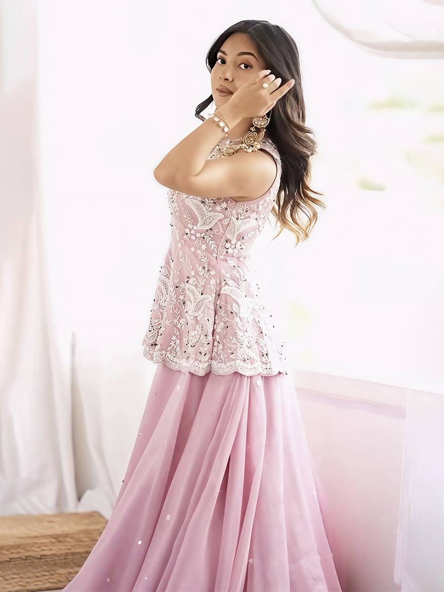 Pink Faux Georgette Silk Embroidery Party Wedding Festival Casual Ready Kurti Lehenga Choli