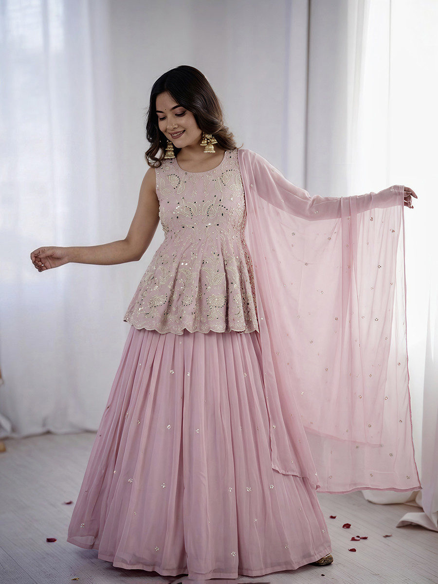 Pink Faux Georgette Silk Embroidery Party Wedding Festival Casual Ready Kurti Lehenga Choli